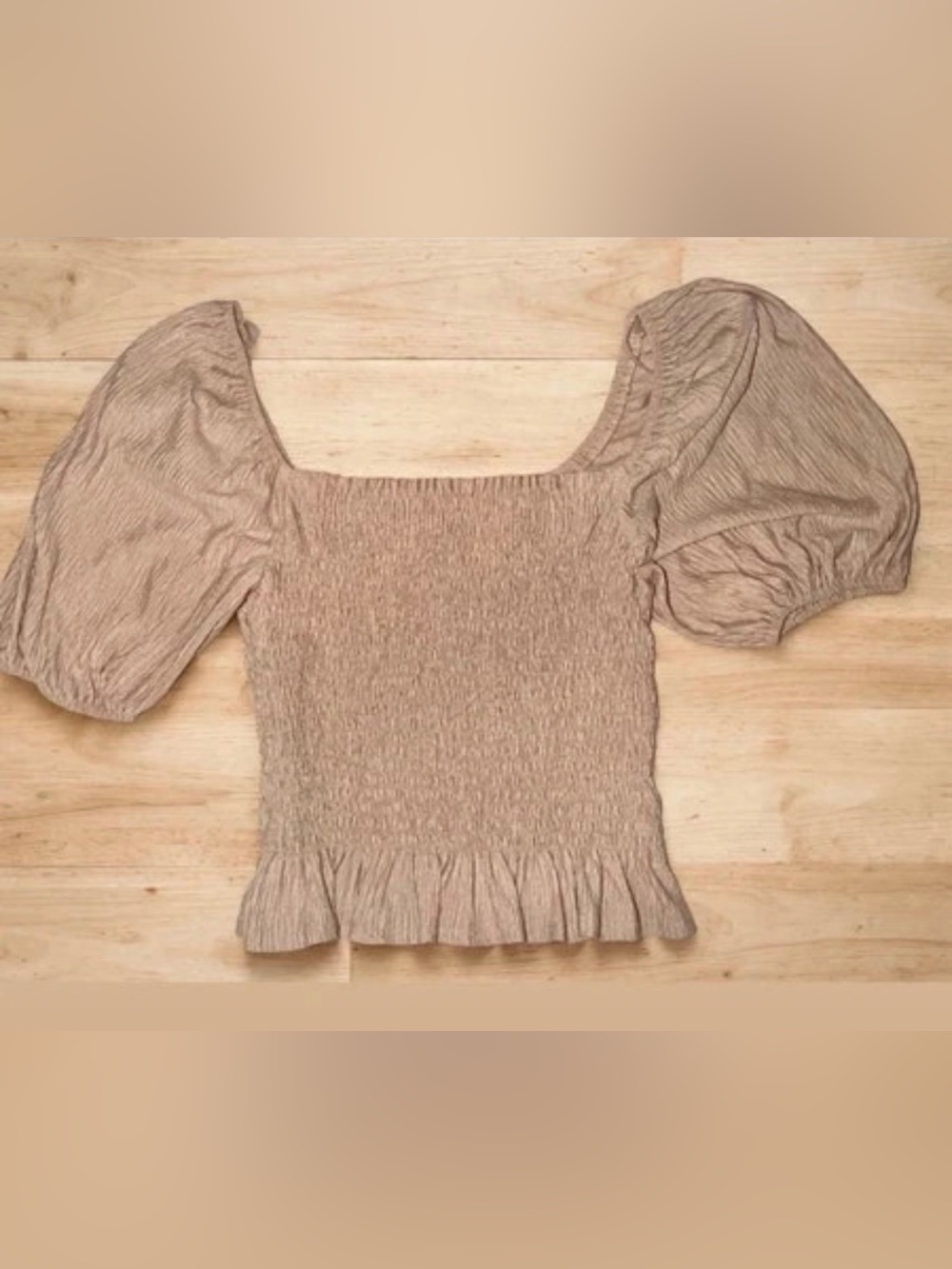 Lush Taupe Smocked Square-Neck Puff Sleeve Crop Top